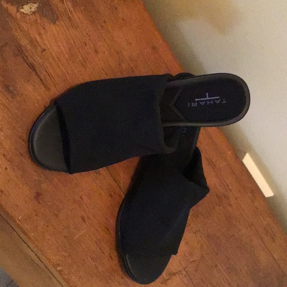 Black Tahari slip in sandals.
